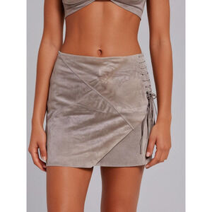 BLANKNYC-Suede Leather Lined Mini Skirt-Lace Up Faux Wrap-Smoky Gray-Size 30